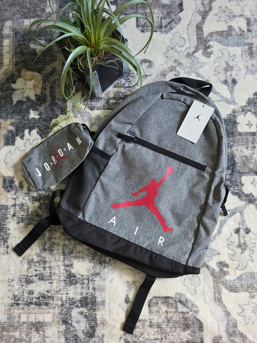 Jordan Air Grey and Black Youth Backpack with Red Jumpman Logo